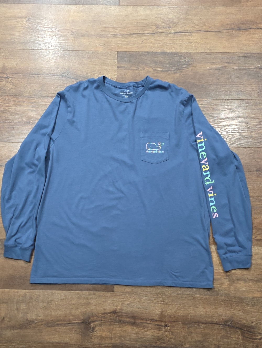 Vineyard Vines Navy Long-Sleeve Pocket Tee with Multicolor Sleeve Logo